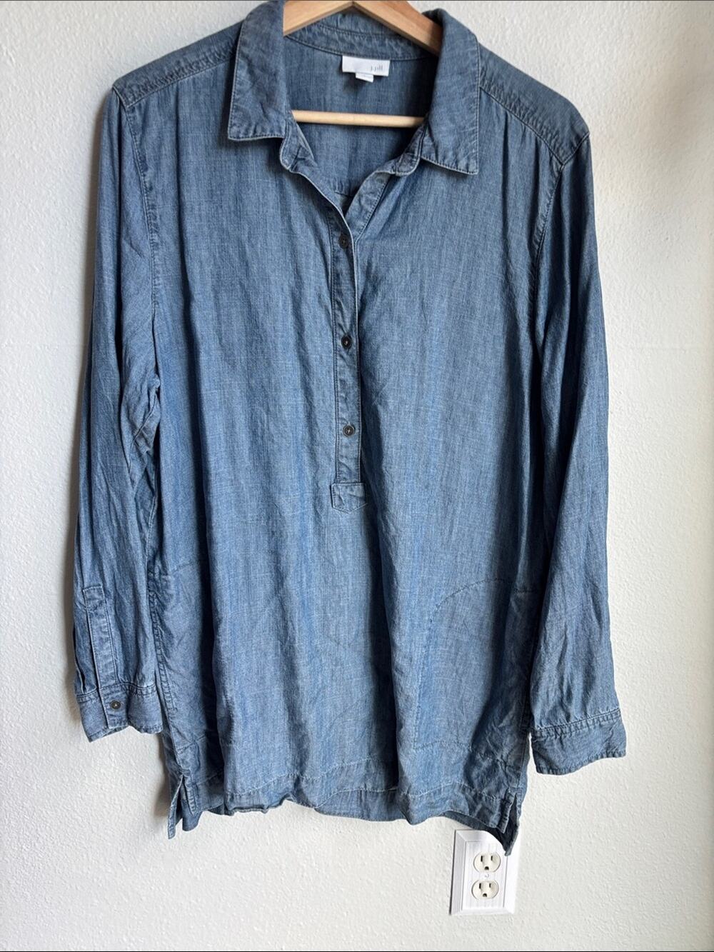 J. JILL Linen Tencel Tunic  Chambray Collared Shirt Dress Pocket Lagenlook large
